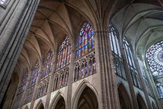 Gothic nave and clerestory windows inside Troyes Cathedral
