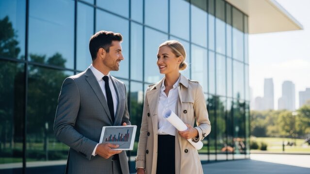 Business professionals discussing outside office building