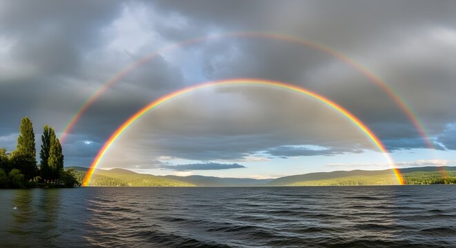 Stunning double rainbow appearing over a calm lake under dramatic cloudy skies