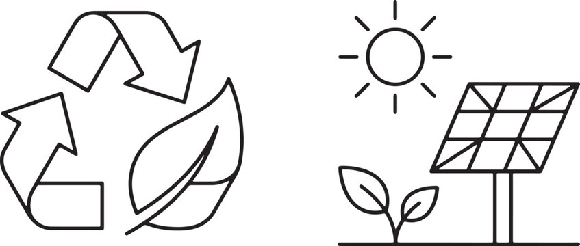 Art & Illustration, Circular leaf recycling crest and clean solar panel array alternative energy line icons set for green infrastructure
