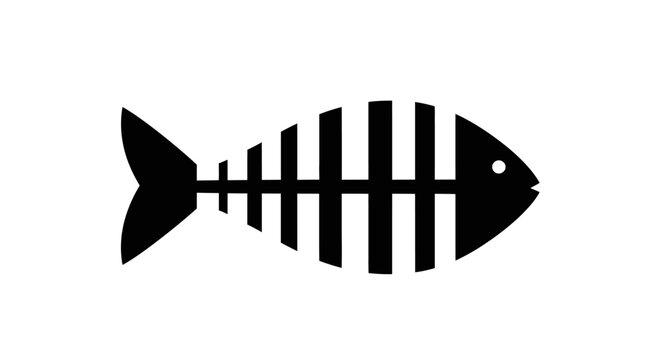 Black fish skeleton icon, minimalist symbol, seafood concept