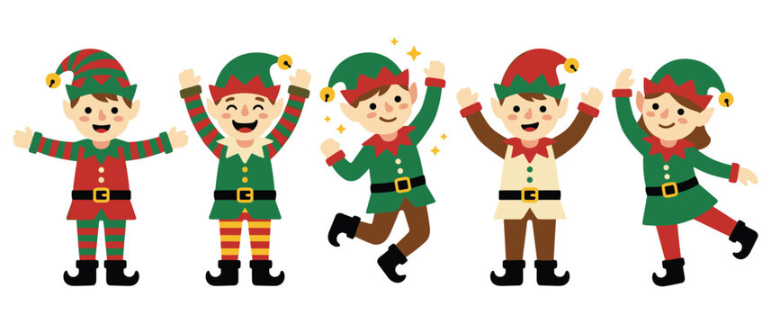 Cute cartoon elves characters for christmas holiday celebration and festive fun.