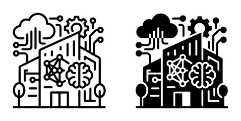 Obraz premium Smart building technology icons, outline and solid, for smart city and AI concepts