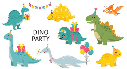 Fototapeta premium Colorful cartoon dinosaurs at party, birthday celebration concept, kids illustration