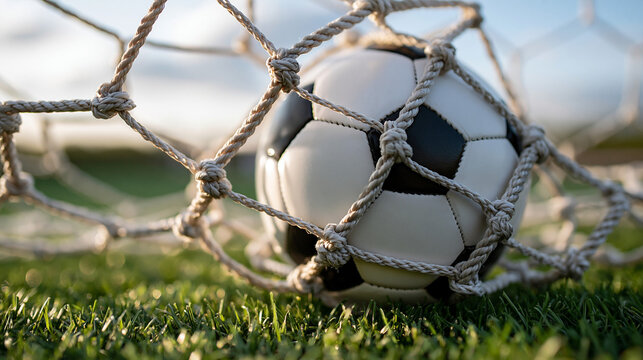 Goal in the Net: A classic black and white soccer ball nestles securely within the woven mesh of a goal net, set against the backdrop of a vibrant green sports field.