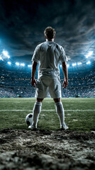 Obraz premium Soccer Player on the Field: A lone soccer player stands on a dewy field, facing a packed stadium under dramatic, cloudy skies, ready to compete.