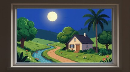 Fototapeta premium Digital illustration of a quaint house by a winding stream under a full moon. Rich green hills, trees, and a palm tree form a serene natural landscape view from a window.