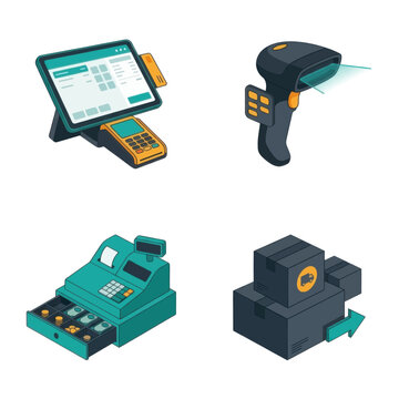 Isometric retail point of sale equipment set including cash register barcode scanner and payment terminal.