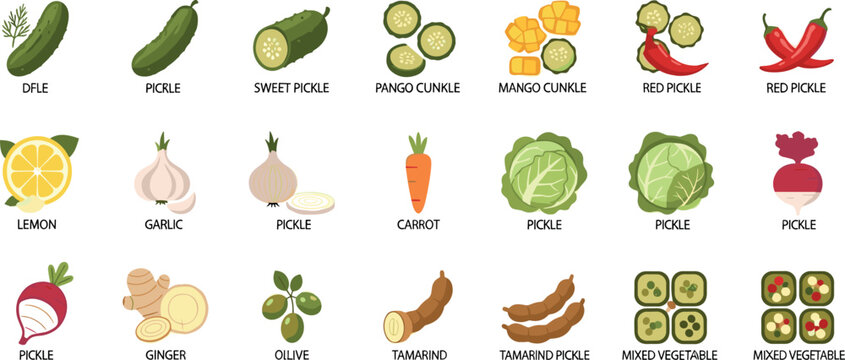 Pickle vegetable icon set with cucumber mango chili garlic tamarind ingredients in colorful flat style for food and kitchen design