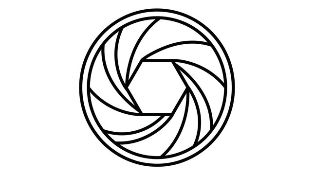 Camera lens iris aperture shutter icon line art on white background.