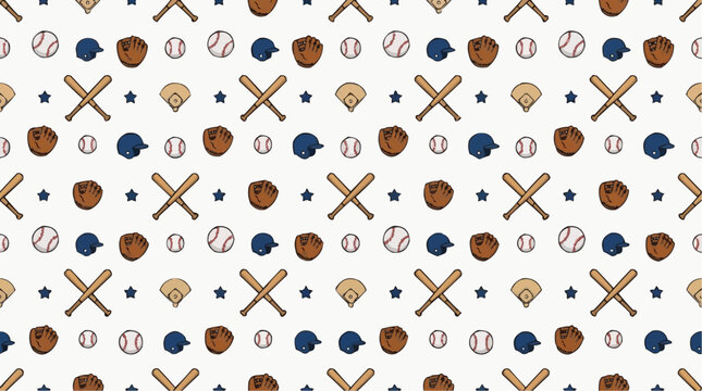 Baseball Pattern Background: A vibrant and playful repeating pattern featuring iconic baseball elements like bats, balls, gloves, and helmets, perfect for sports-themed designs and youthful themes.