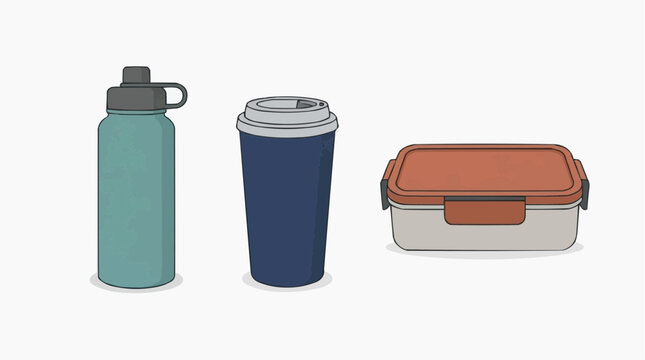 Water Bottle, Coffee Cup, and Lunch Box: A collection of three essential containers for hydration and meals, including a reusable water bottle, a disposable coffee cup, and a portable lunch box.
