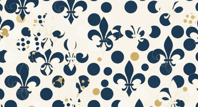 Seamless navy blue fleur-de-lis and polka dot print france pattern with heraldry france pattern