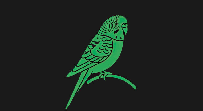 Green budgerigar parakeet bird silhouette on black background.