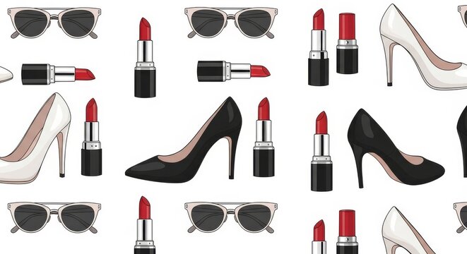Fashionable cosmetics heels and eyewear illustration france pattern with lipstick france pattern