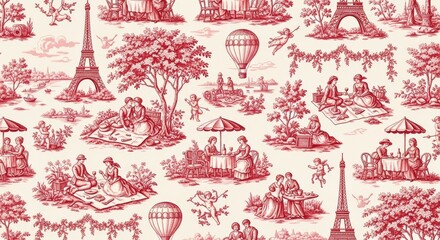 Red toile de jouy historical scenery france pattern with historical, landscape france pattern