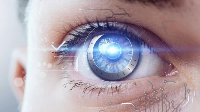 Futuristic close up of a human eye with mechanical iris and digital interface technology