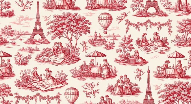 Red toile de jouy historical scenery france pattern with historical, landscape france pattern