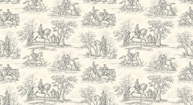 Monochrome toile de jouy equestrian scenery france pattern with equestrian france pattern