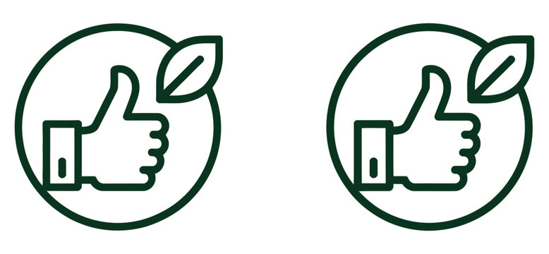 Thumbs up gesture icon featuring green leaf within circular frame, sustainability approval symbols, trusted product recommendation graphics, and modern vector illustration design