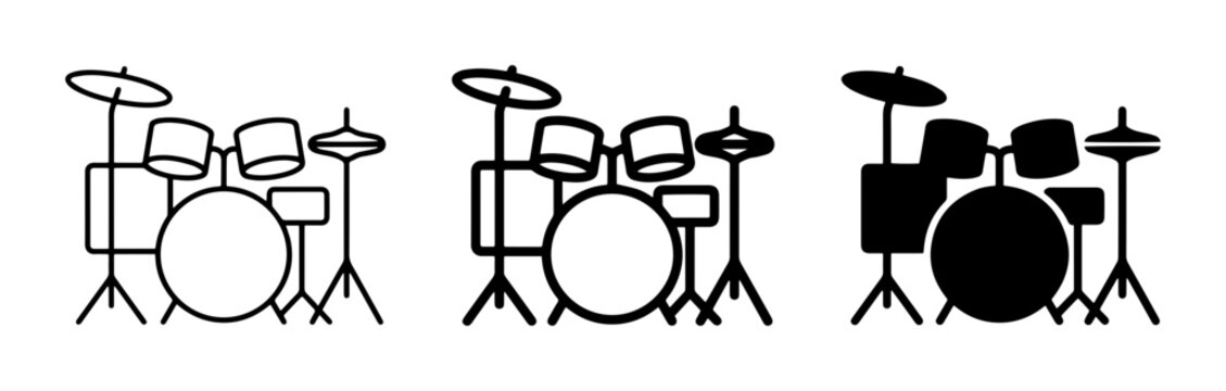 Drum set icons, outline and silhouette, for music and performance concepts