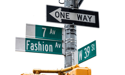 Fototapeta premium Fashion or 7th Avenue and West 39th St. street signs in New York City. Transparent background.