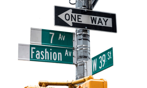 Fashion or 7th Avenue and West 39th St. street signs in New York City. Transparent background.