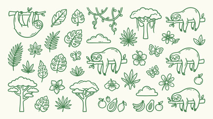 Obraz premium Collection of cute hand-drawn sloths and jungle elements, including trees, leaves, flowers, and fruits, in a simple doodle style.