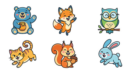 Cute Cartoon Animals Collection: Bear, Fox, Owl, Cat, Squirrel, Rabbit © Yaskur