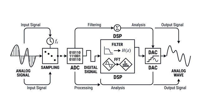 Digital Signal Processing (DSP) Block Diagram: Analog to Digital Conversion and Filtering
