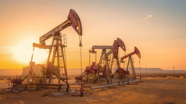 Sunset over old oil pumpjacks casting golden glow while rhythmically extracting oil in scenic landscape