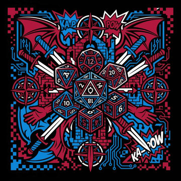Fantasy Tabletop Gaming Illustration with Polyhedral Dice Swords and Dragon Wings in Red and Blue.