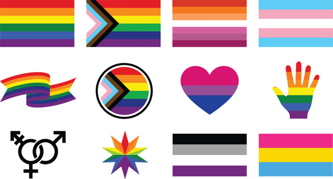 LGBTQ Pride Month Flag Icon Set with Progress Rainbow, Transgender, Lesbian, Bisexual Heart, and Gender Equality Symbols for Community Awareness