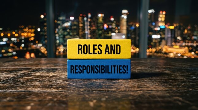 Colorful blocks with roles and responsibilities text on city background
