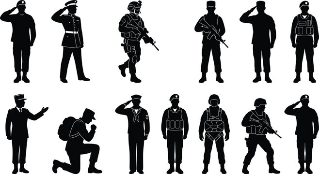 Military Soldier Silhouette Vector Set with Saluting Officers Armed Infantry and Combat Troops for Patriotic Memorial Day Designs