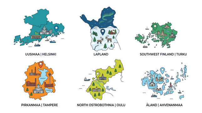 Finland Regions Map Illustrations: Helsinki, Lapland, Tampere, Oulu, Turku, Aland