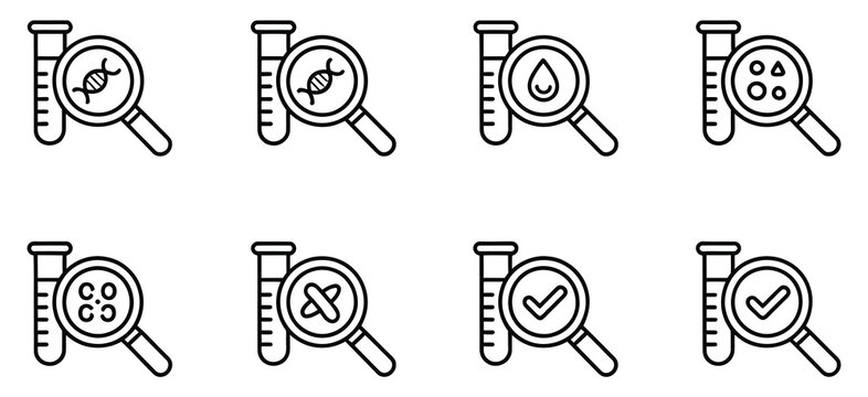 Medical laboratory vector icons with blood, urine, sperm, and stool testing symbols, editable outline strokes, diagnostic healthcare graphics, and isolated illustrations