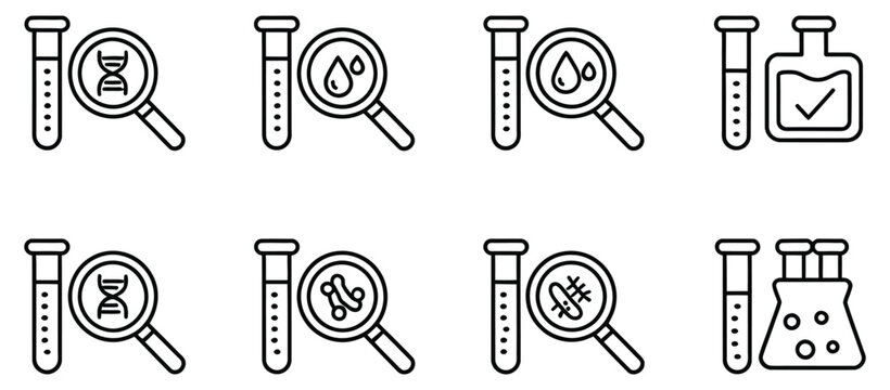 Medical laboratory test icon set featuring blood, urine, sperm, and stool analysis symbols, editable stroke outline graphics, and flat vector illustrations