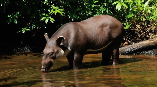 Tapir stands in shallow jungle river drinking water. This large mammal with a prehensile snout lives in a lush green rainforest habitat. Wild animal in its natural ecosystem.