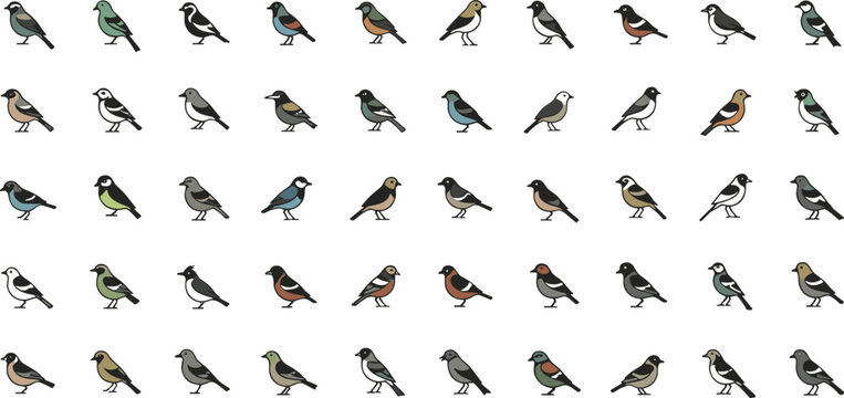 Small bird icon mega set featuring diverse songbird species in flat minimal style for wildlife apps and education