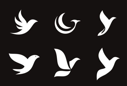 Set of White Flying Bird Logos - Abstract Minimalist Dove Vector Icons for Peace, Freedom, and Nature Themes