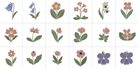 Obraz premium Soft Pastel Flower Icon Set With Minimal Botanical Blossoms And Decorative Garden Plants Vector Illustration