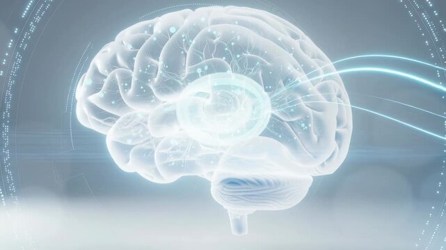 A luminous brain with glowing neural networks synchronizing and pulsing in vibrant colors animation