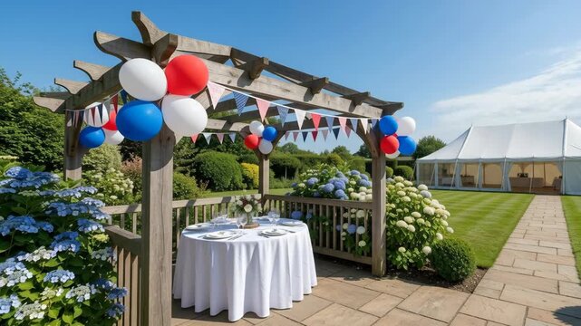 Patriotic us garden gazebo outdoor celebration with balloon bunting hydrangea flower wedding table near marquee. 4th july independence. american flag backyard community, peaceful freedom democracy