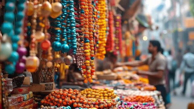 Colorful beaded necklaces at a busy market stall