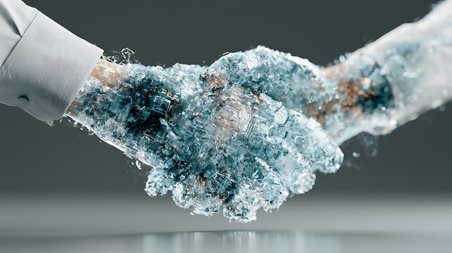 smart contract concept visualization, digital handshake, code blocks, glowing blue, blockchain, legal technology, abstract 3D render, dark background, 8k 