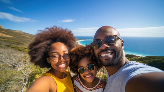 African Family selfie overlooking over the sea.
