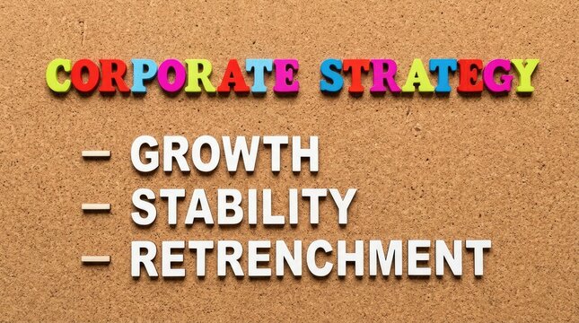 Corporate strategy written with colorful wooden letters on a textured brown cork board background surface