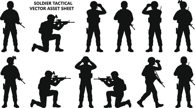 Soldier Tactical Silhouette Vector Asset Sheet with Armed Combat Troops Kneeling and Aiming Rifles for Military Action Designs