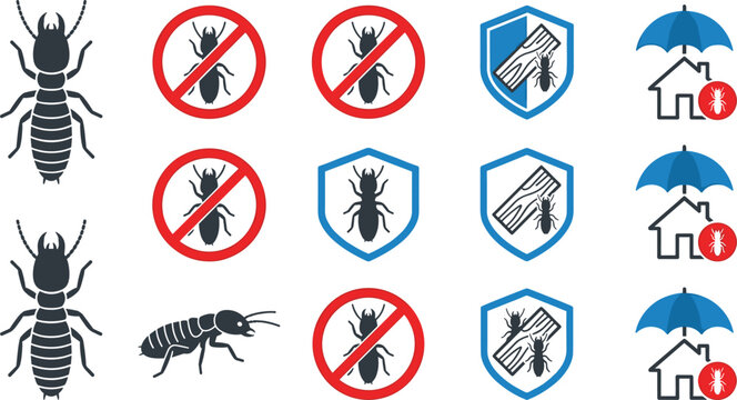Termite Pest Control Icon Set with Prohibited Signs Wood Protection Shields and House Insurance Symbols for Home Extermination Designs